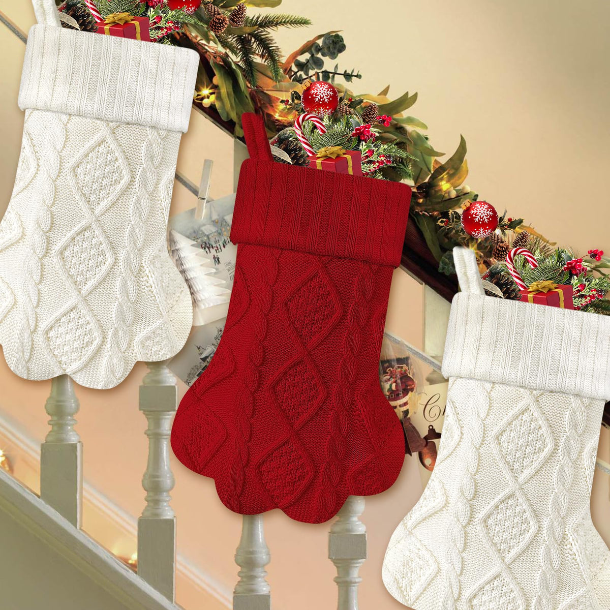 Malier Christmas Stocking for Dogs Cats, Knit White Dog Christmas Stocking, Paw Shape Pet Christmas Stocking Large Cat Stockings Hanging Stocking for Dogs Cats Pets (White)