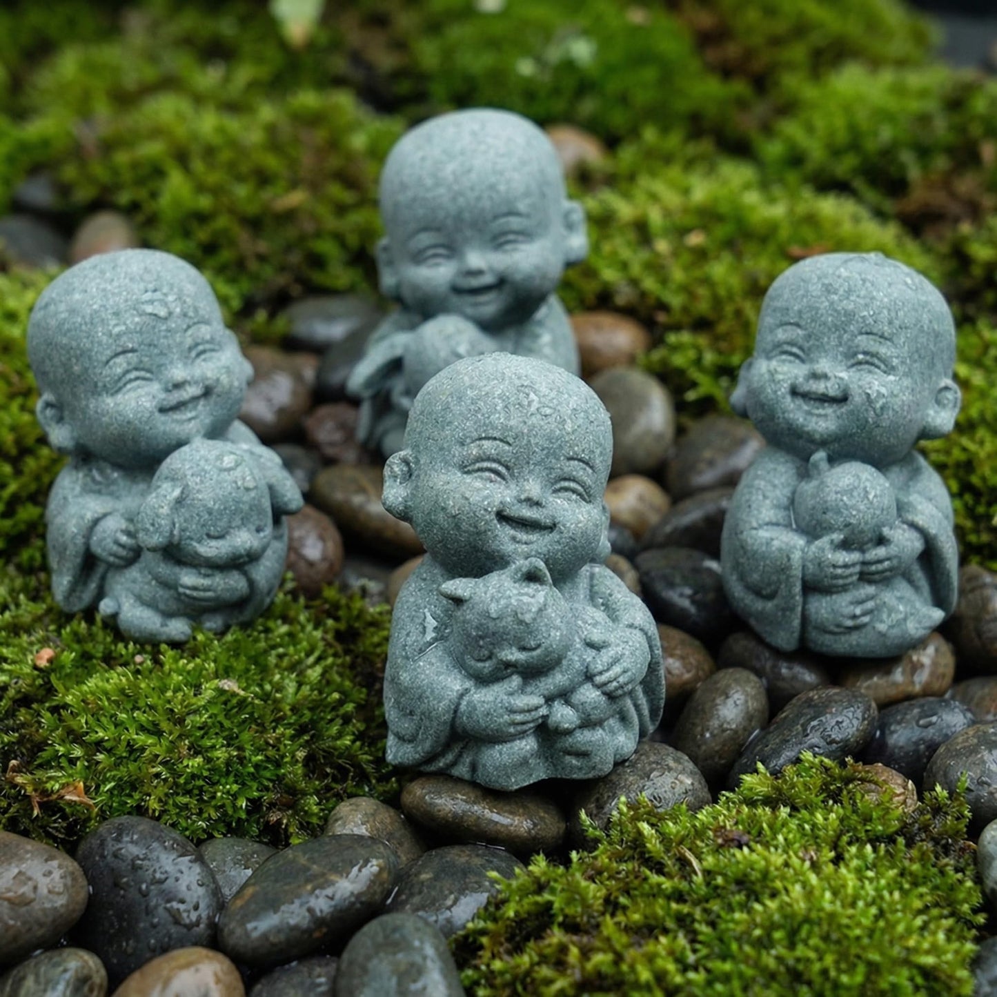 FADECOR 4pcs Mini Buddha Statue with Animal Companion, Aquarium Decor, Feng Shui Zen Monk Sandstone Sculpture, Cute Small Fish Tank Ornament for Home Garden, Buddha Decoration