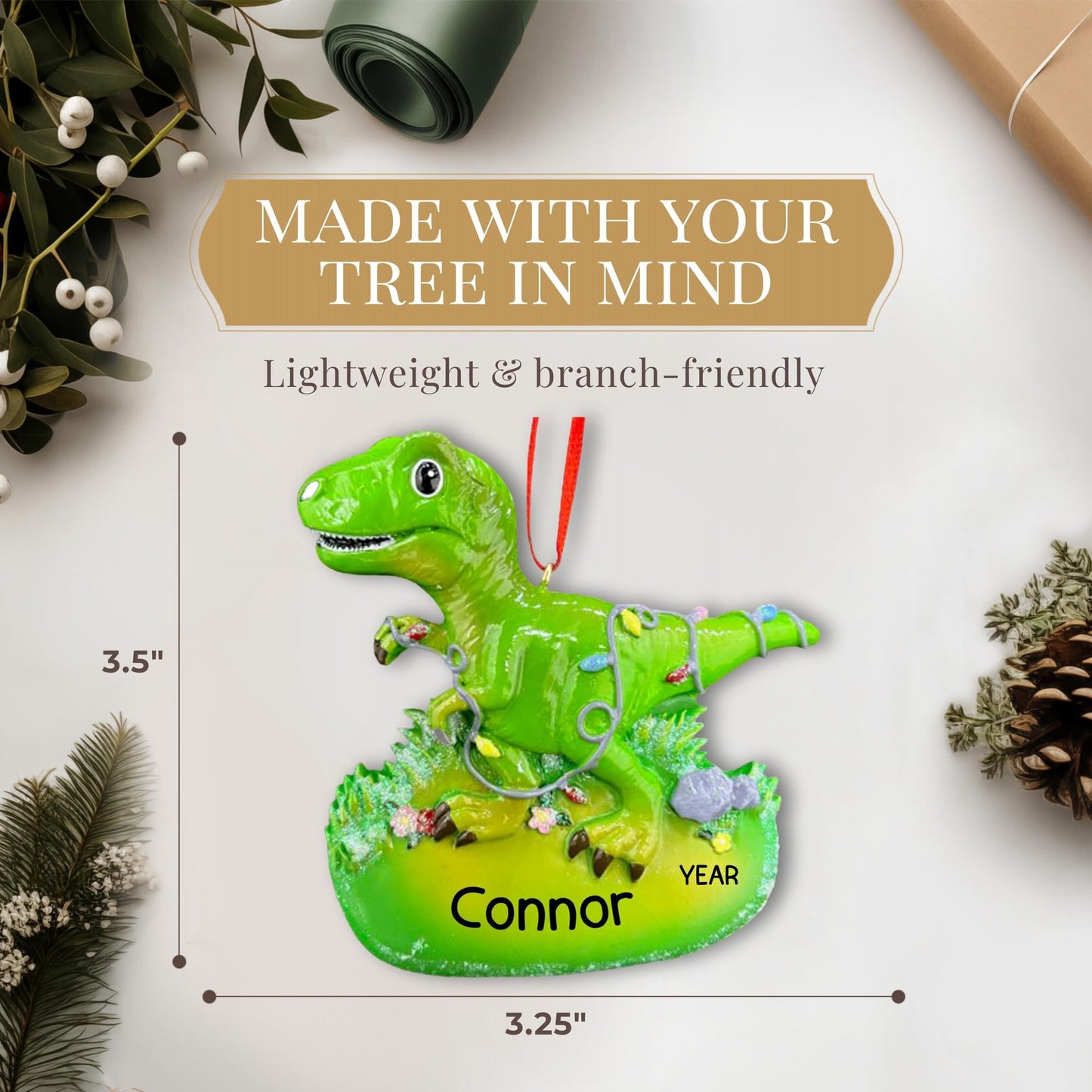 Personalized T-Rex Dinosaur Ornament 2025 | Free 24h Customization | Laser Engraved Kids Christmas Ornaments for Tree | Custom Gift Wrapped Green Dino Keepsake for Toddlers, Girls, Boys 2-10