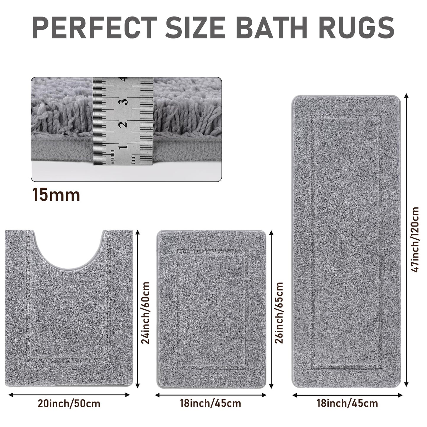 Pauwer Microfiber Soft Bath Mat Set 3 Piece Absorbent Bathroom Toilet Rug Non Slip Machine Washable Bath and Pedestal Mat Sets, Grey