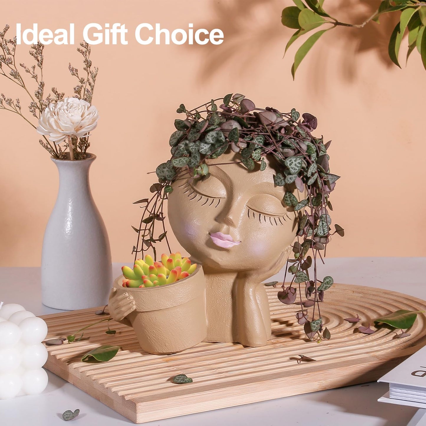 vomiceak Face Planters Pots Head Planter for Indoor Outdoor Plants - Cute Plant Pots for Flower Succulent with Drainage Hole - Gift Ideas for Mother (Khaki Lady)