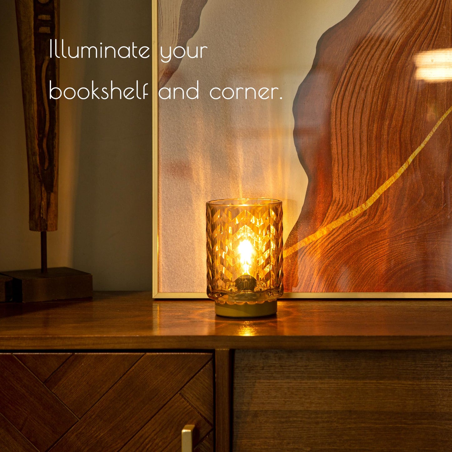 LUSHARBOR Battery Operated Lamp with Timer, Small Decorative Table Lamp Ambient, Glass Cordless Lamps Bedside Battery Powered Lamp for Bookshelf, Entryway Wave Design-Amber