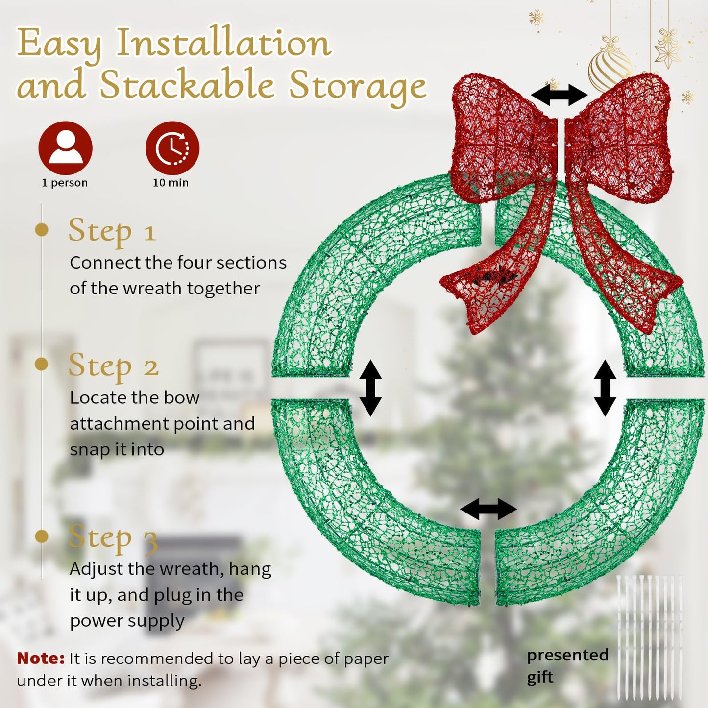 24" Pre-Lit Outdoor Christmas Wreath with 140 LED Lights and Bow, Lighted Metal Christmas Wreath Decoration with Timer Function for Xmas Home Wall Front Door Window Garage (Golden/Red, 24in)