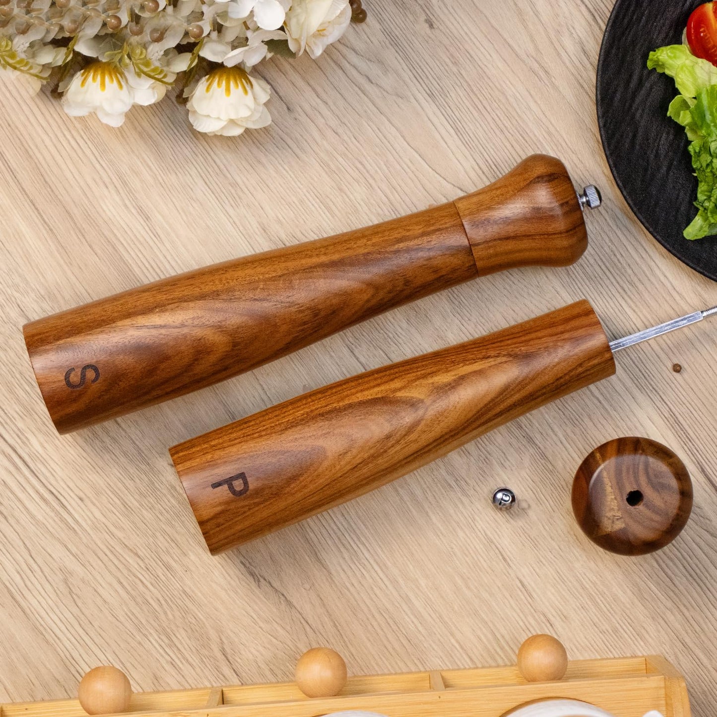 Haomacro 2 Pack 10 Inch Acacia Wooden Salt and Pepper Grinder Set, Manual Salt and Pepper Mills, Salt Grinder Refillable with Adjustable Coarseness, Ceramic/Stainless Steel Core Tableware Gifts