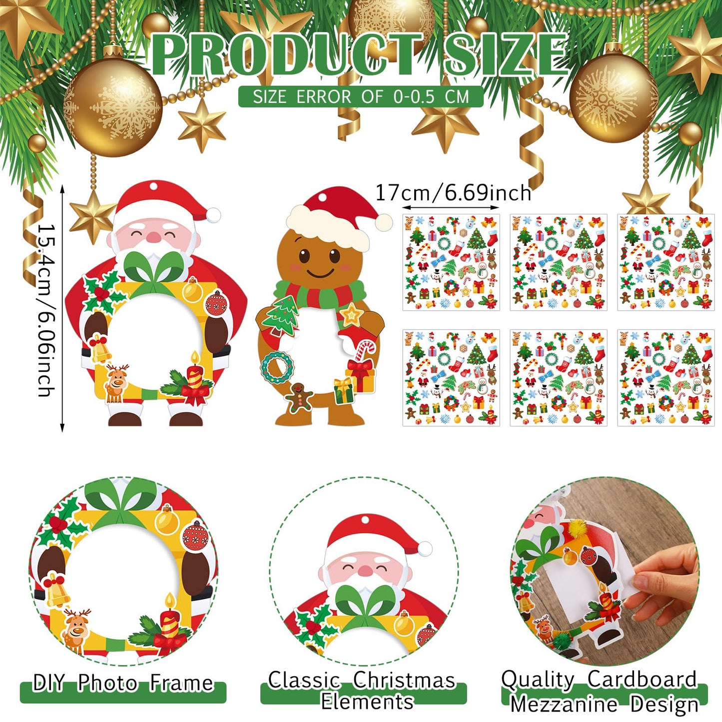 Qunclay 48 Pack Christmas Picture Frame Ornament Craft Kits, Paper DIY Photo Frame Craft with Stickers Gingerbread Snowman Reindeer Hanging Decorations for Home Christmas Tree Holiday Decor