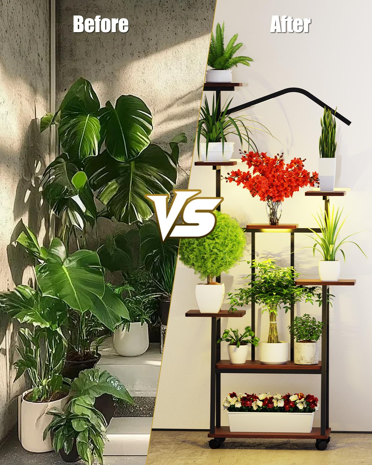 Zelvia 8-Tier Corner Plant Stand with Grow Lights – 65" Tall Metal Indoor Plant Shelf, Multi-Level Display for Plants & Flowers, Ideal for Bedroom Living Room Patio (with Roller)