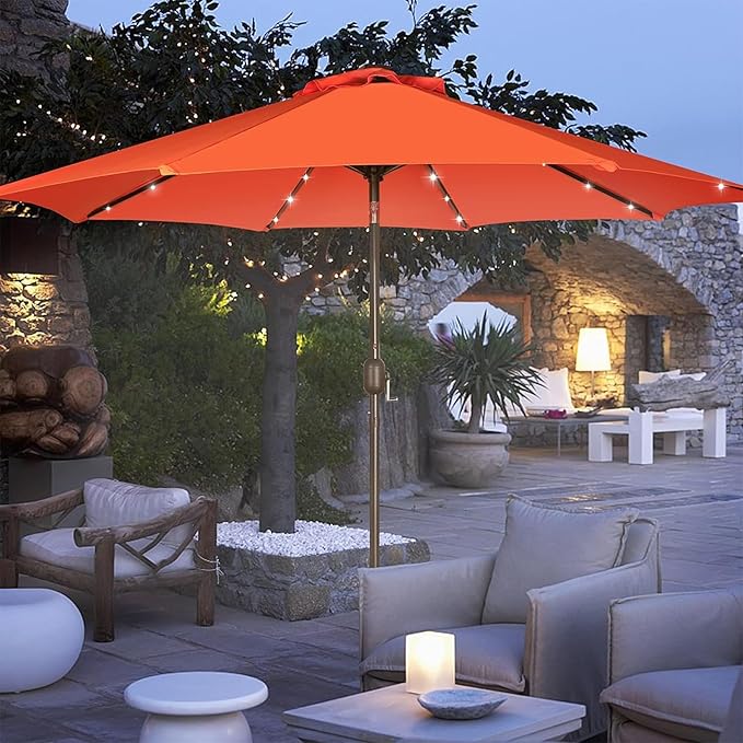Blissun 9 ft Solar Umbrella, 32 LED Lighted Patio Umbrella, Table Market Umbrella, Outdoor Umbrella for Garden, Deck, Backyard, Pool and Beach (Orange)