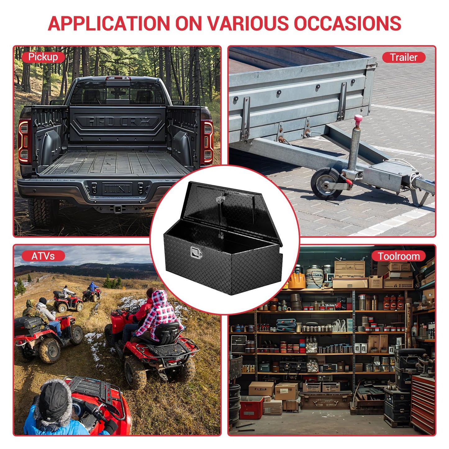ExploreHorizon 39 Inch Aluminum Trailer Tongue Tool Box, Heavy Duty Utility Storage Box with Lock and Keys, Diamond Plate Waterproof Trailer Box Organizer for Pick Up Truck Beds - Black