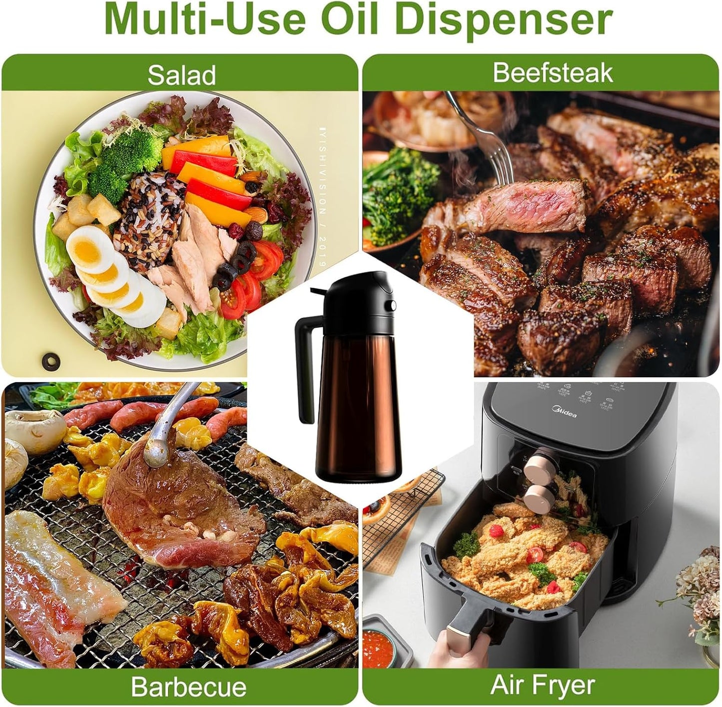 Oil Sprayer for Cooking, 16oz Glass Olive Oil Dispenser Bottle for Kitchen Gadgets, 2 in 1 Spray and Pour Dark Brown Bottle with Stickers for Air Fryer, Salad