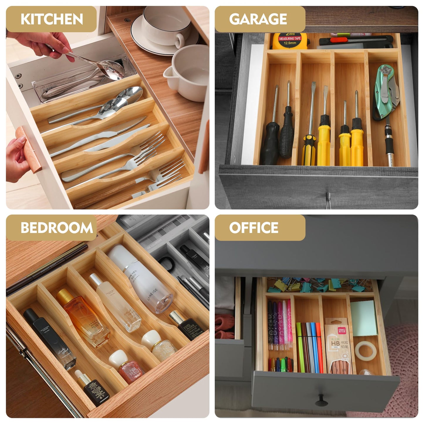 Bamboo Kitchen Drawer Organizer, 9 Inch Silverware Utensil Holder for Samll Drawer, Narrow Silverware Organizer for Cutlery Knives