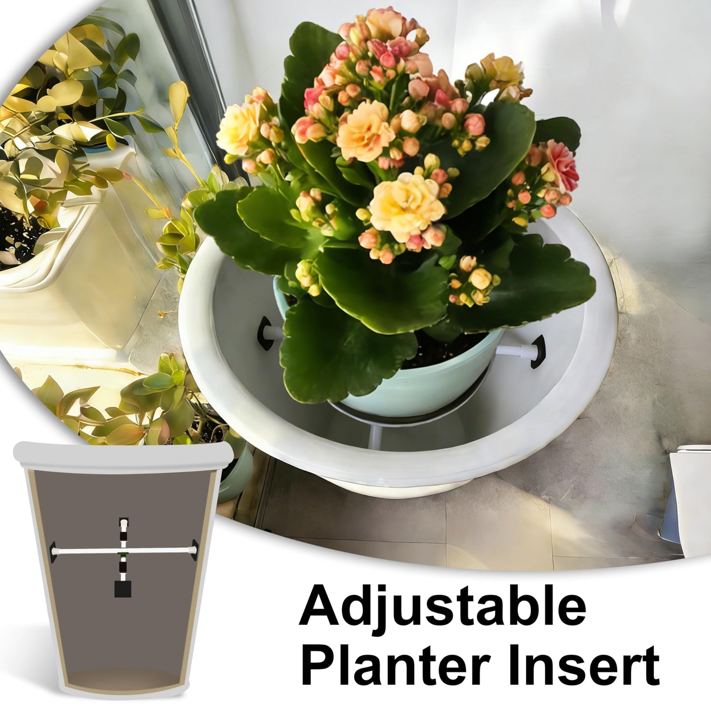 SENWELL-KA Adjustable Planter Inserts with Dual Telescopic Rods & Cross Connector, Upgraded Adjustable Plant Stand Insert with U-Shaped Clips, Heavy-Duty Plant Lifters for Inside Pots(2, White)