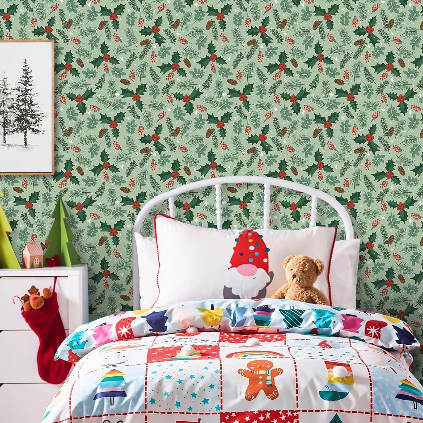 TOARTi Christmas Wallpaper Peel and Stick Green Leaves Christmas Contact Paper for Cabinets Bedroom Xmas Backdrop for Winter New Year Xmas Party Decor