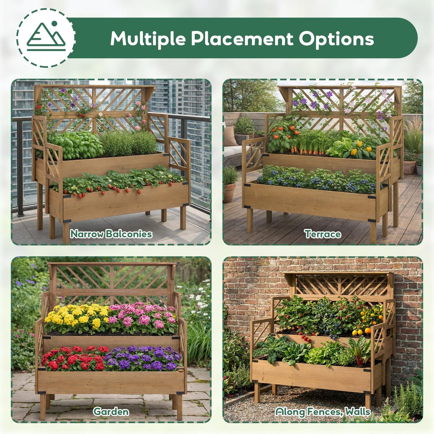 PetsCosset Raised Garden Bed with Trellis, 2-Tier Elevated Planter Box with Legs & Top Shelf, Liner, Metal Corners, Wooden Garden Beds for for Climbing Plants, Flower, Vegetables, Herbs