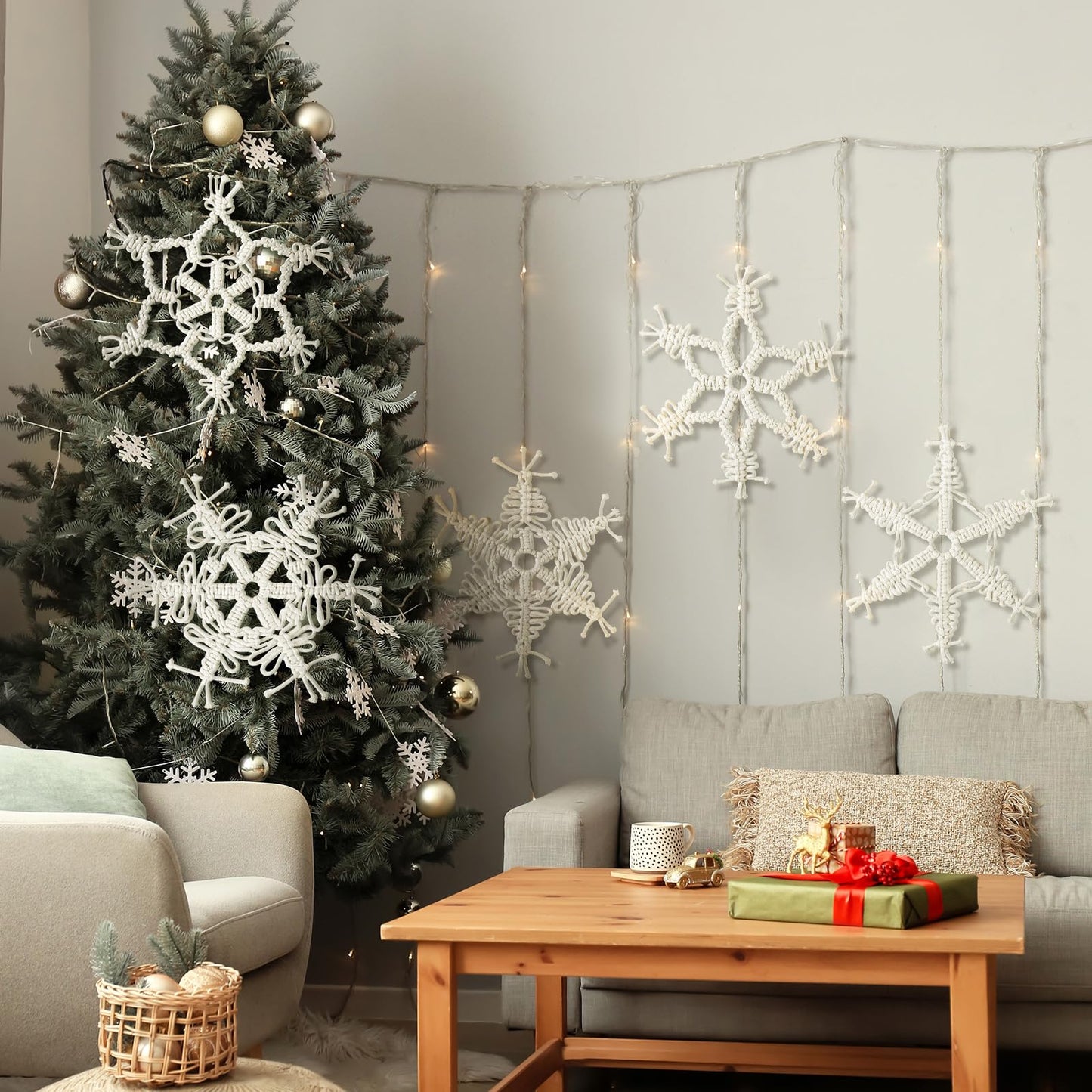 RattanView 5 Pcs Large Winter Macrame Snowflake Wall Decor - 11.8 Inch White Handmade Woven Wall Art Hanging Ornaments for Home Window Winter Party Decorations