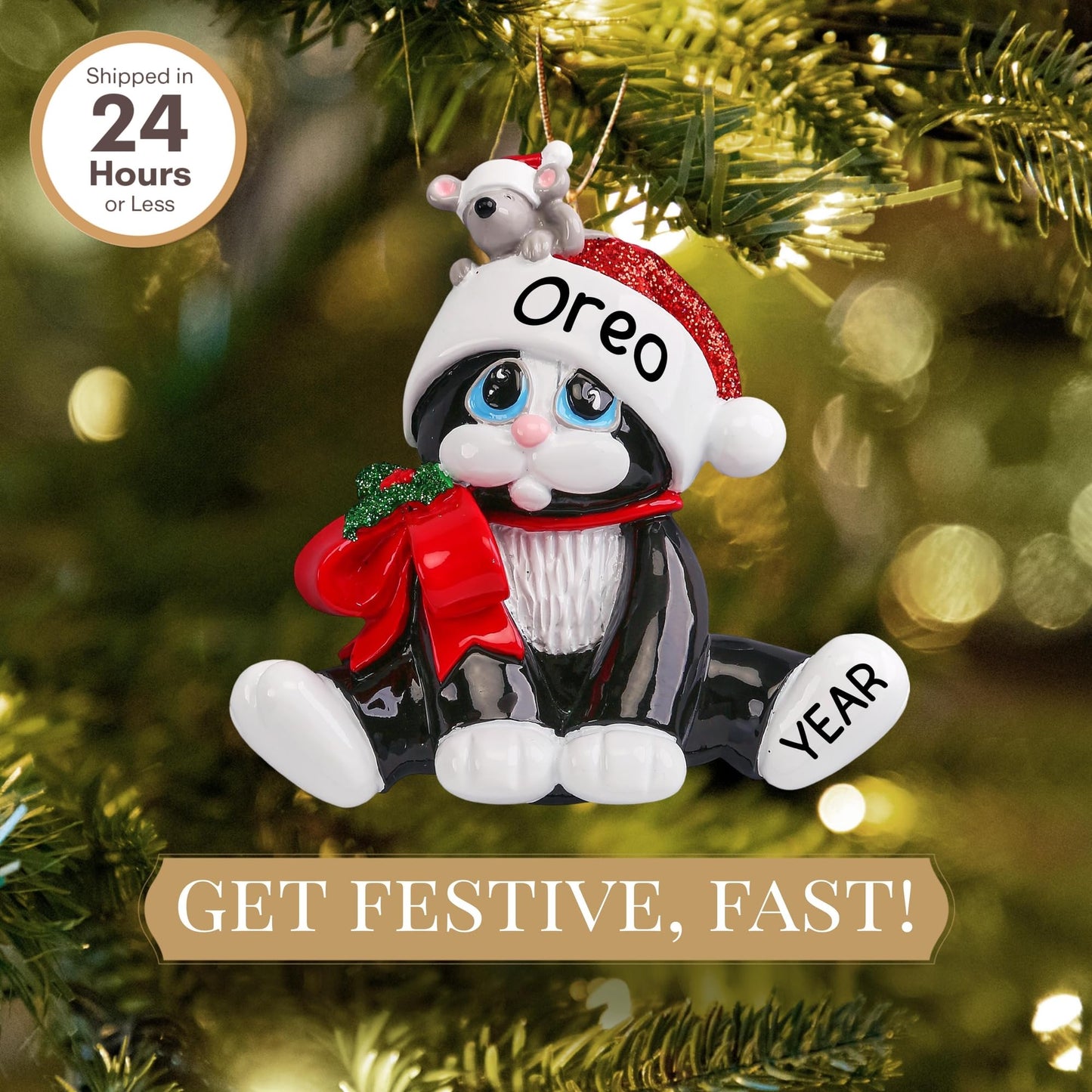 Personalized Black Cat Ornament 2025 | Free 24h Customization | Pet Christmas Ornaments for Tree | Custom Gift Wrapped Cat-and-Mouse Keepsake for Kitten's 1st Xmas