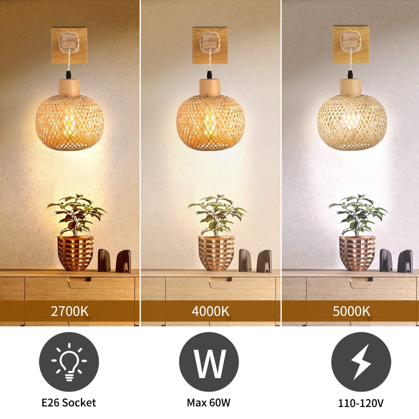 Frideko Bamboo Wall Sconce Lighting - Rattan Wall Lamps for Bedroom, Farmhouse Wall Light with Bamboo Lampshade, Rustic Boho Sconces Light Fixture for Living Room, 1 Pack