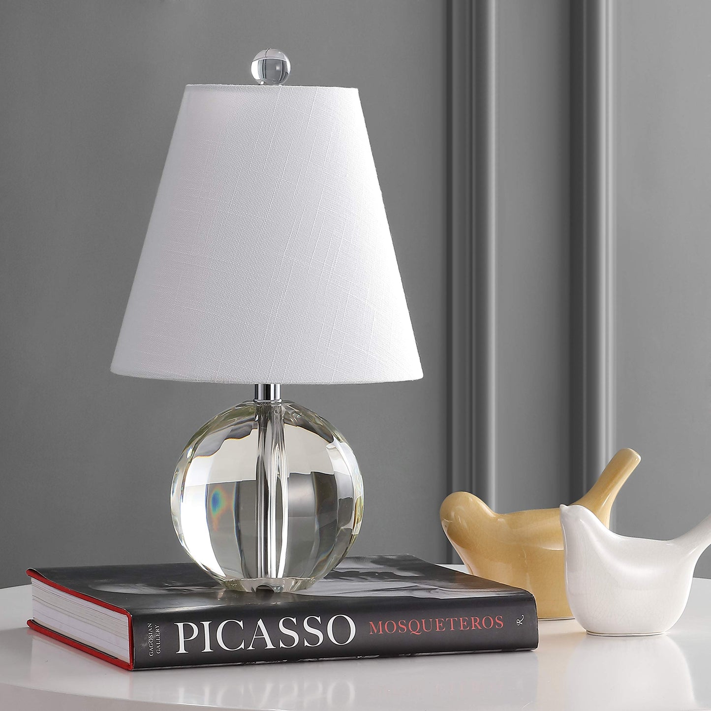 JONATHAN Y 16" Clear Crystal Ball LED Table Lamp, White Modern Bedside Lamp, with White Linen Empire Shade, Glam Orb Glass Nightstand Lamp for Living Room, LED Bulb JYL2079A