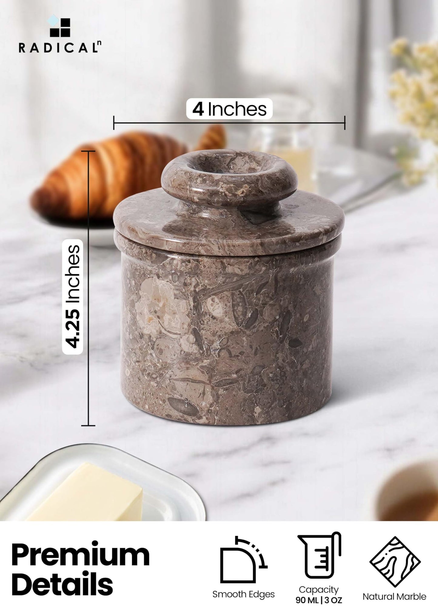 Radicaln Marble Butter Keeper 4.25" Inches Oceanic Handmade Butter Crock For Spreadable Butter Ideal Butter Crock For Counter With Water French Butter, Crock Pot For Home