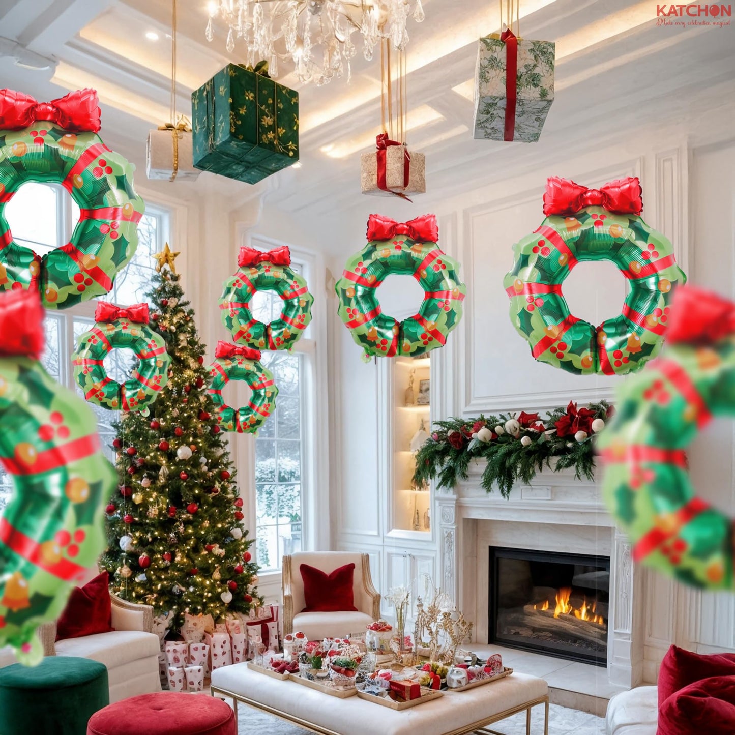 KatchOn, Large Christmas Wreath Foil Balloons – Pack of 8 | Christmas Decorations Indoor | Green Foil Balloons with Red Bow for Holiday Celebrations, Family Gatherings | Indoor Outdoor Festive Décor