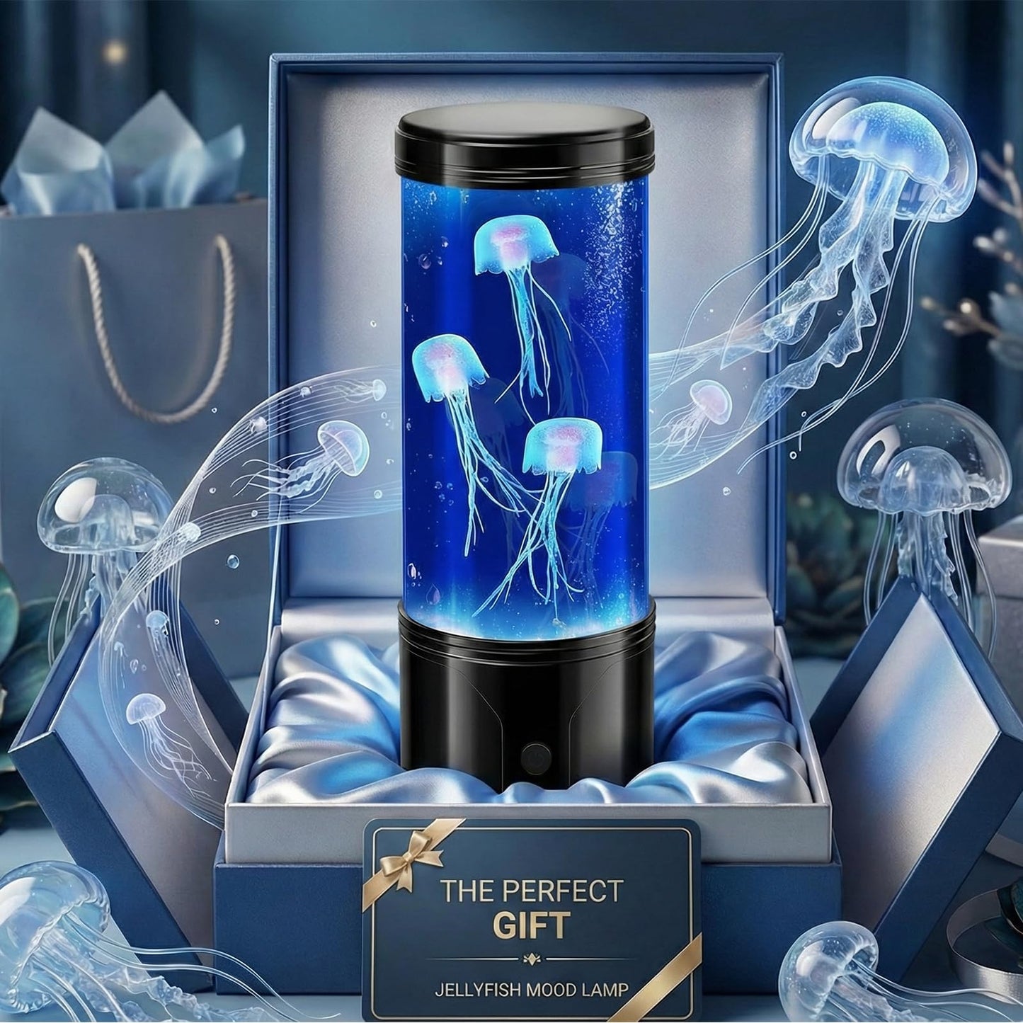 7 Color Jellyfish Lamp, Quiet Jelly Fish Night Light with USB and Battery Power,Relax Mood Aquarium Autism Fidget Sensory Birthday Christmas Gift for Kids Teen Men Women Home (8.66Inch)