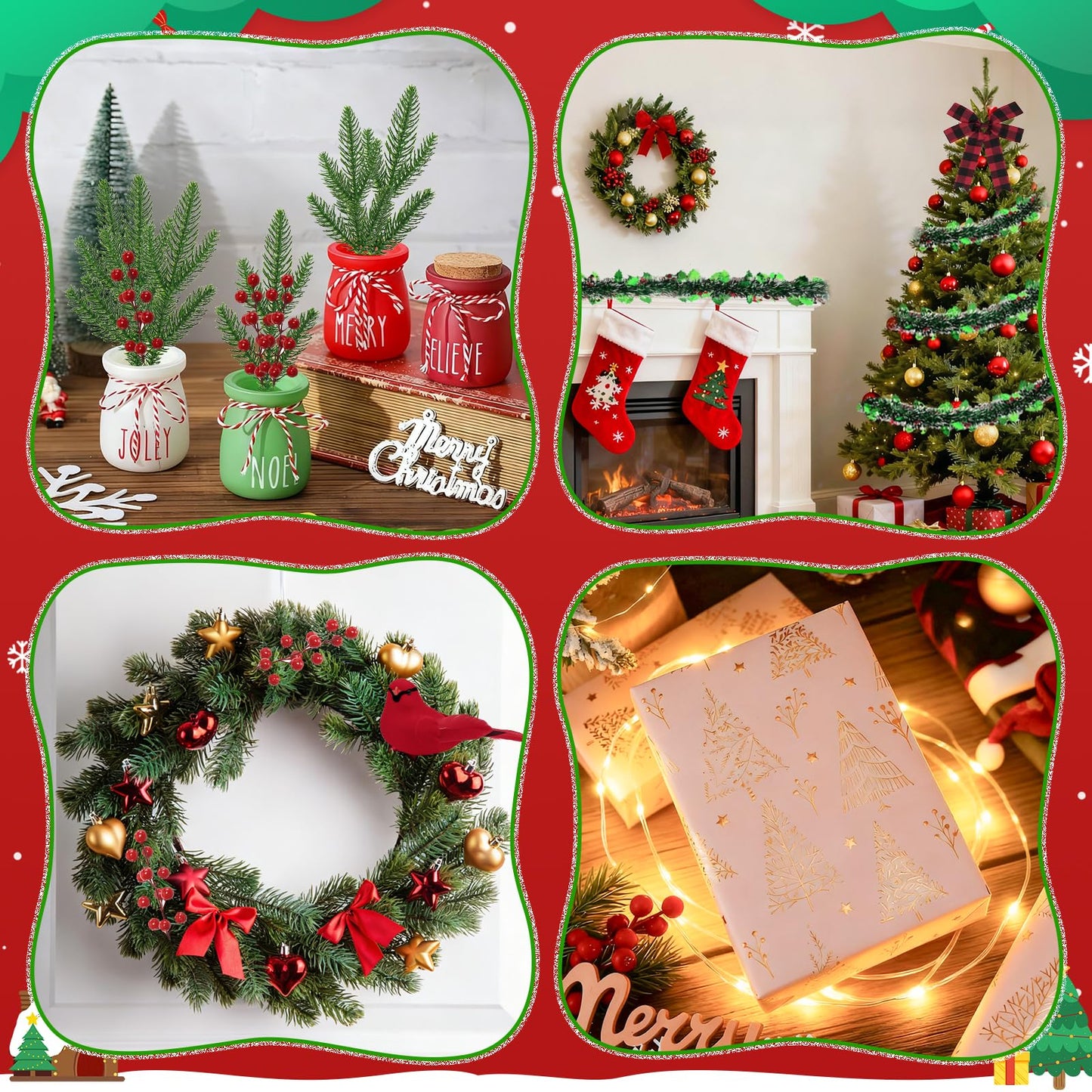 YIBOBO 13Pcs Christmas Lamp Post Decoration Set Include String Light, Pine Branches, Red Berries, Tinsel Garlands, Checkered Bow and Cardinal Bird for Outdoor Holiday Porch Lawn, NOT Include Lamp Post