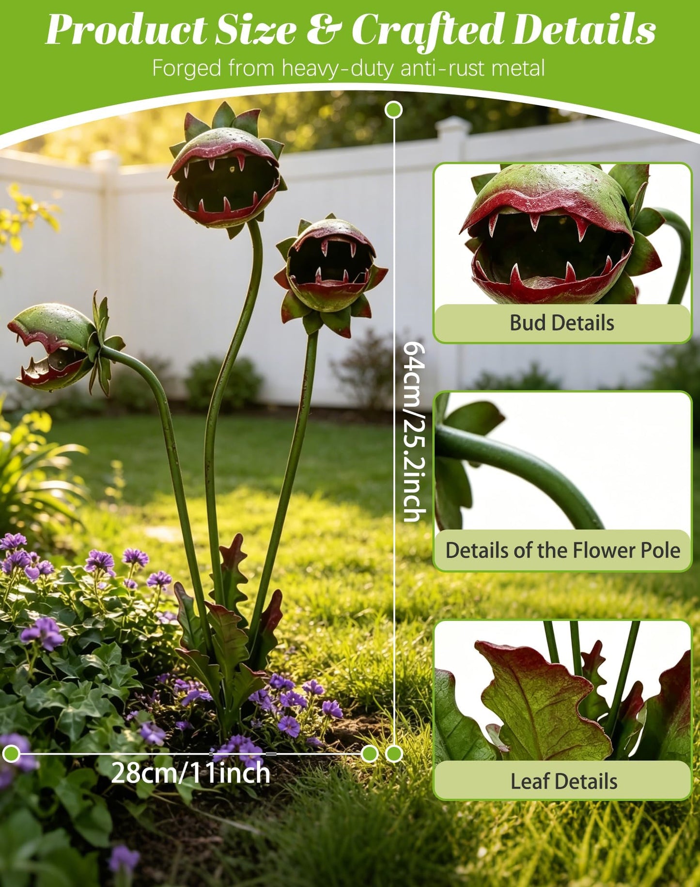 HUBAI Whimsical Metal Carnivorous Plant Garden Stake, 25-Inch Large Venus Flytrap Monster Plant Sculpture, Durable Yard Art for Flower Beds, Patios, Planters, Unique Quirky Garden Decor (Green)