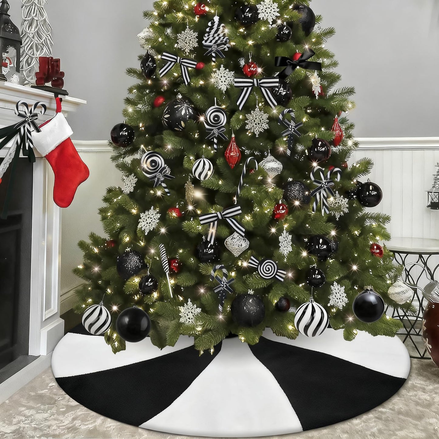 yuboo Black and White Tree Skirt, 48" Large Lollipop Tree Skirt for 6-7.5 FT Artificial Trees, Halloween Christmas Tree Decorations Ornaments, Spring Easter Holiday Party Xmas Tree Mat