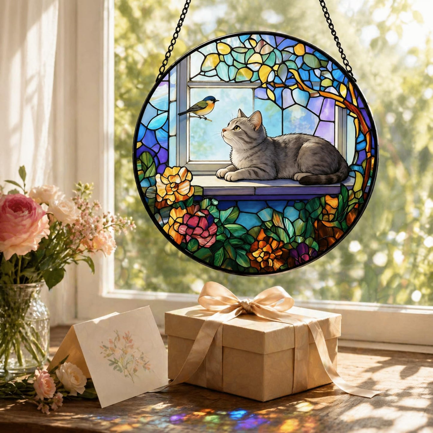 Stained Glass Window Hanging Gray Cat & Bird Design, Suncatcher for Window, for Cat Lovers & Stained Glass and Christmas, Mother's Day Father's Day Birthday