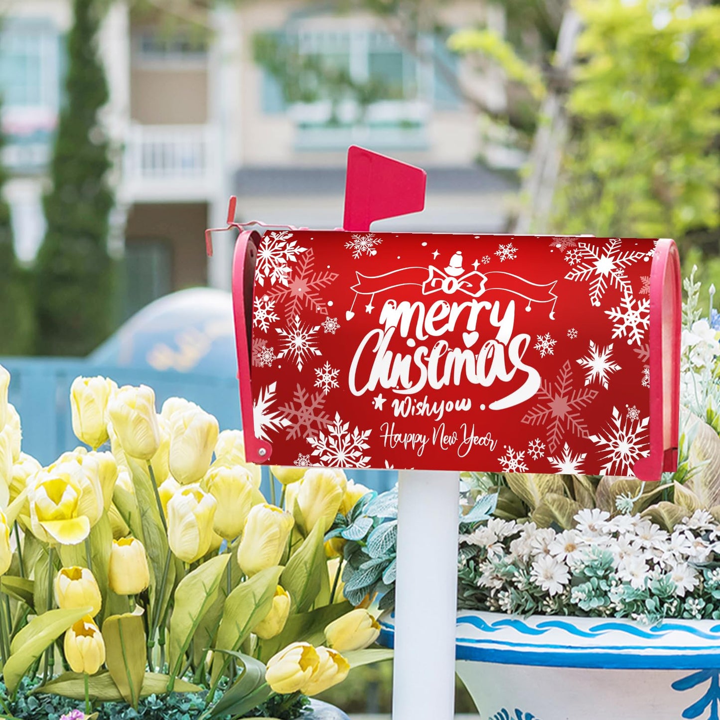 Granbey Merry Christmas Mailbox Cover Magnetic Large Size 25.5x21 Inch Happy New Years Mail Box Post Cover Winter Snowflake Red Xmas Letter Box Wraps for Home Outdoor Garden Yard Decor