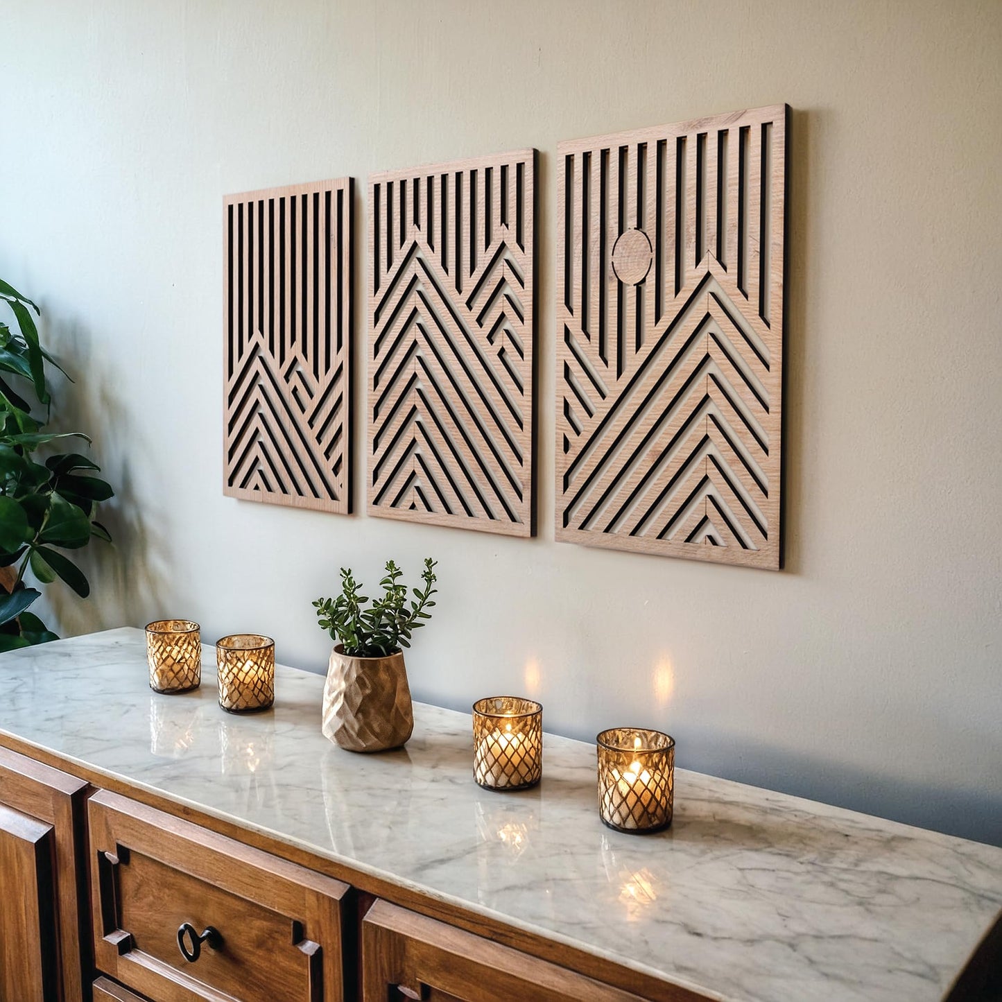 qmmp Modern Wooden Wall Sculptures - Set of 3 - MDF - Oak - Home Decor Accent - Large Wall Art for Living Room, Bedroom, Office - Easy Installation (Oak, Medium - Mountain and Sun, Unframed)