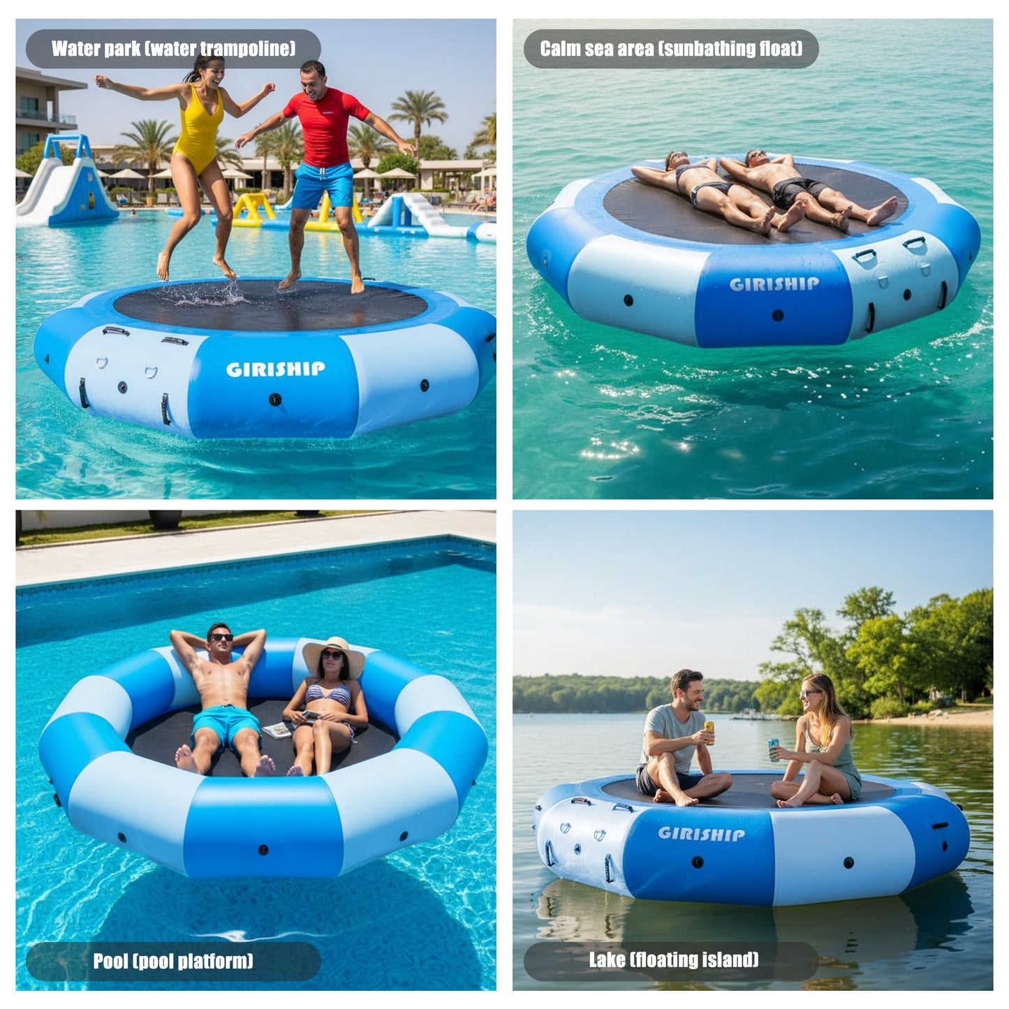 GIRISHIP Inflatable Water Trampoline, Floating Lake Trampoline for Adults Portable Bounce Swim Platform for Lake, Pools with Pump and Rope Ladder