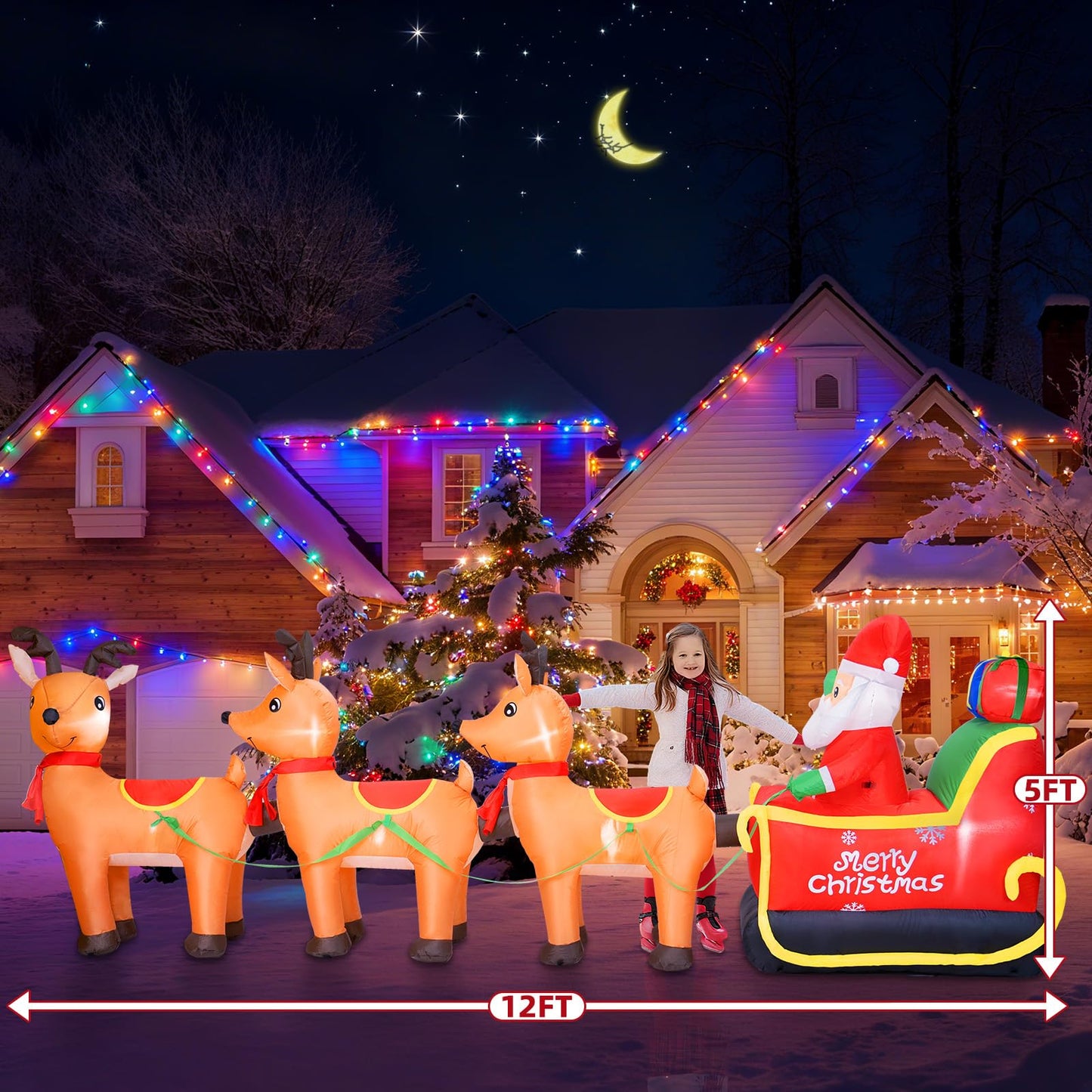 BRDJade 12FT Long Christmas Inflatables Outdoor Decorations, Inflatables Santa Claus on Reindeer Sleigh Built-in LED Lights, Christmas Blow Up Yard Decorations for Holiday Outdoor Garden Lawn Decor