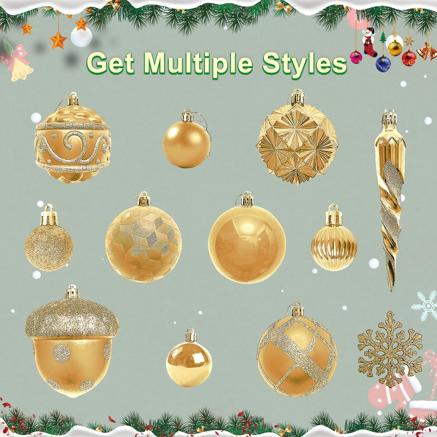 Napzy 62 Count Shatterproof Christmas Ball Ornaments Set, Golden Christmas Tree Decorations for Xmas Holiday Party Decor, Wreath and Garland Hanging Balls