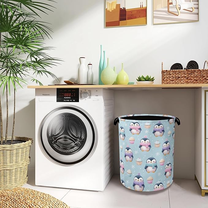 Cute Penguin Laundry Basket, Snowflake Cake Foldable Oxford Cloth Tote Bag