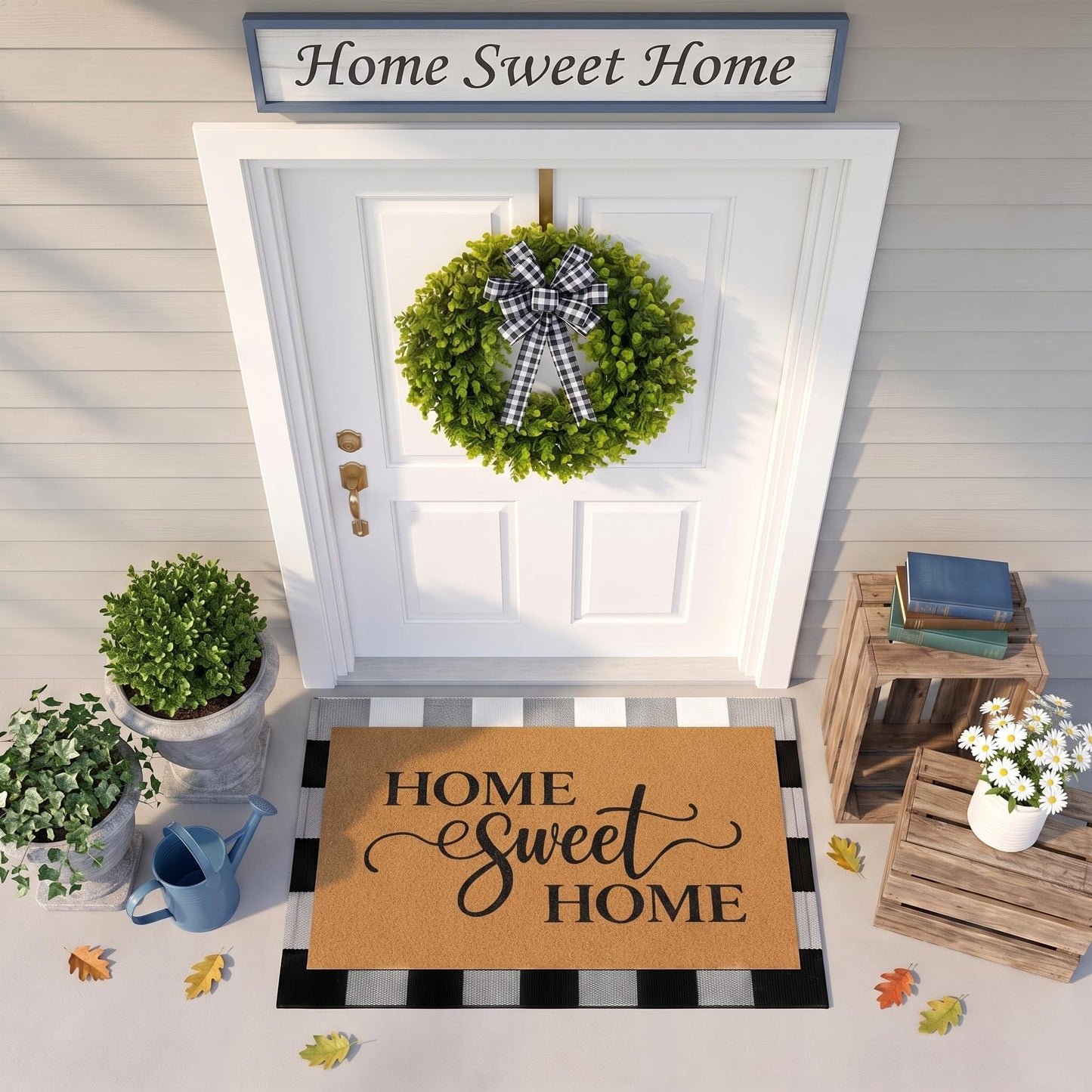 Britimes 3 Pcs Farmhouse Front Door Mat and Wreath Set Home Sweet Home Faux Coir Doormat Buffalo Plaid Layering Rug and 19" Greenery Wreath Outside Decor for Porch