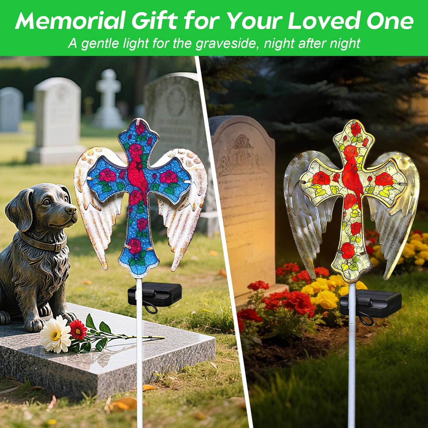 Solar Cross Lights Outdoor, Solar Cardinal Stake Lights Cemetery Decorations for Grave, Jesus Cross Sympathy Memorial Gifts for Women Mom Christmas, Glass Garden Art for Cemetery Yard Patio
