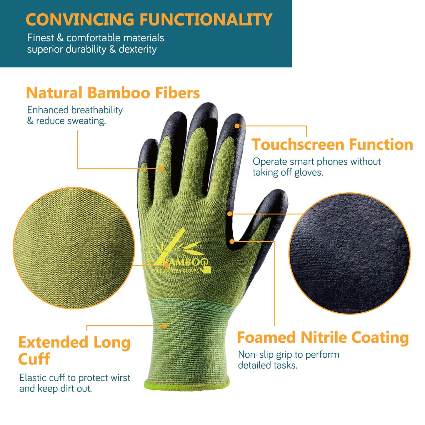 COOLJOB Gardening Gloves for Women and Men, 2 Pairs Bamboo Garden Gloves with Touchscreen, Breathable Nitrile Coated Work Gloves, Green, Medium Size (2 Pairs, M)