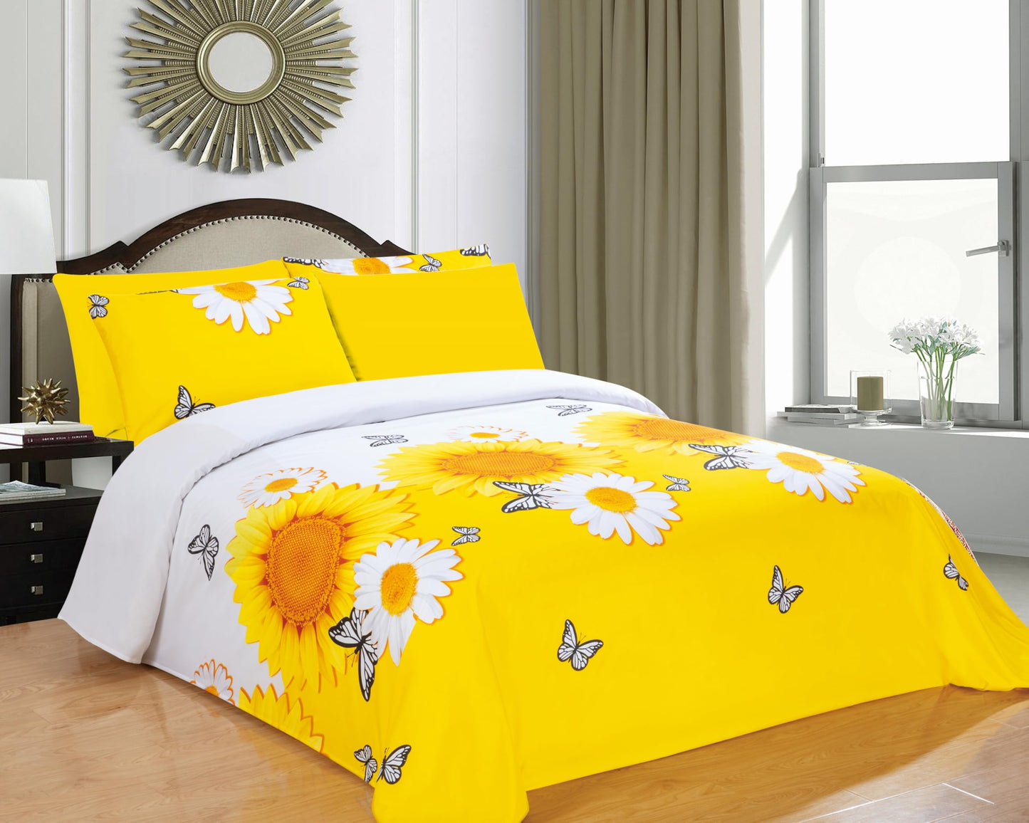 6Pcs Bed Sheet Set King Size, Sunflower Floral Printed Soft Microfiber Bedding Sets with 1 Butterfly Patterned Sheet 1 Deep Pocket Fitted Sheet and 4 Pillowcases, Yellow