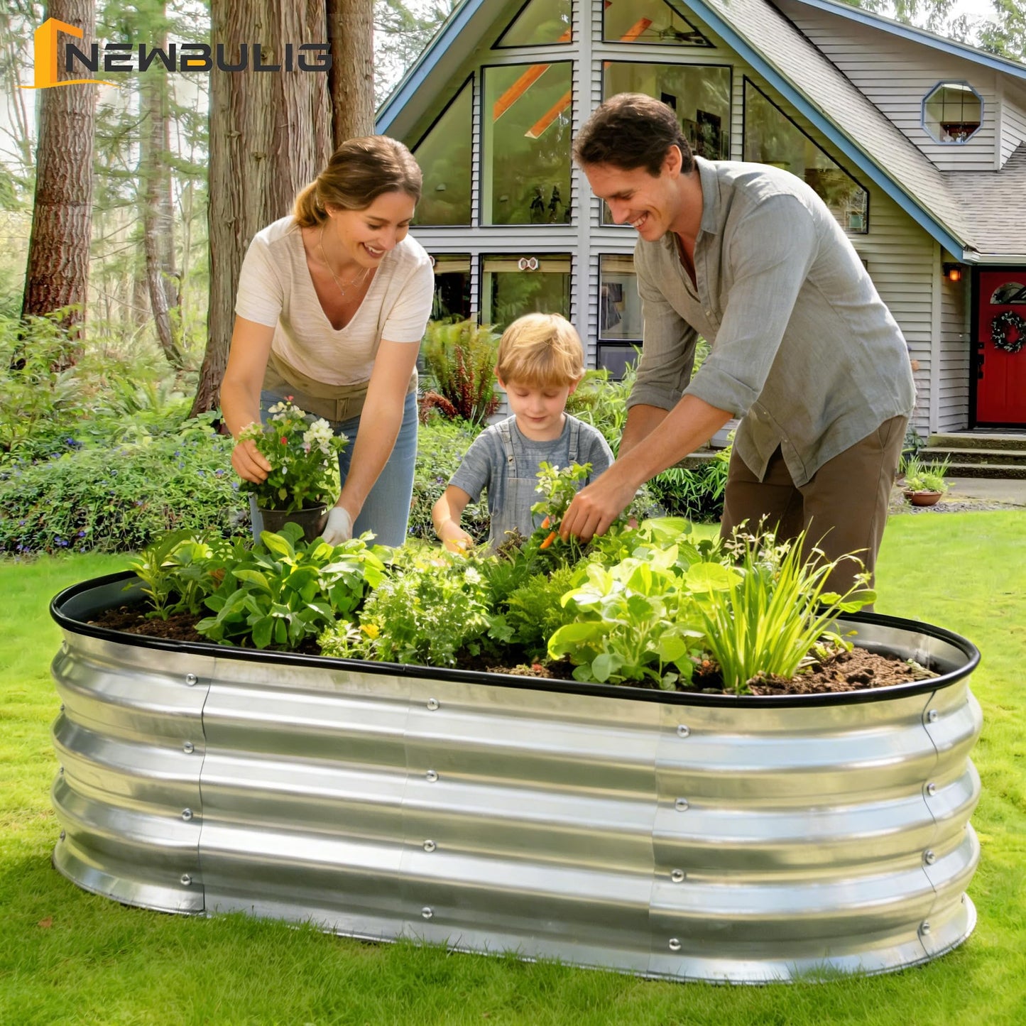 NEWBULIG 4x2x1ft Heavy-Duty Oval Galvanized Raised Garden Bed Outdoor, Metal Planter Box for Vegetables/Flowers/Herbs, Raised Flower Bed for Gardening, Open Bottom, Easy Assembly, Safe Edges