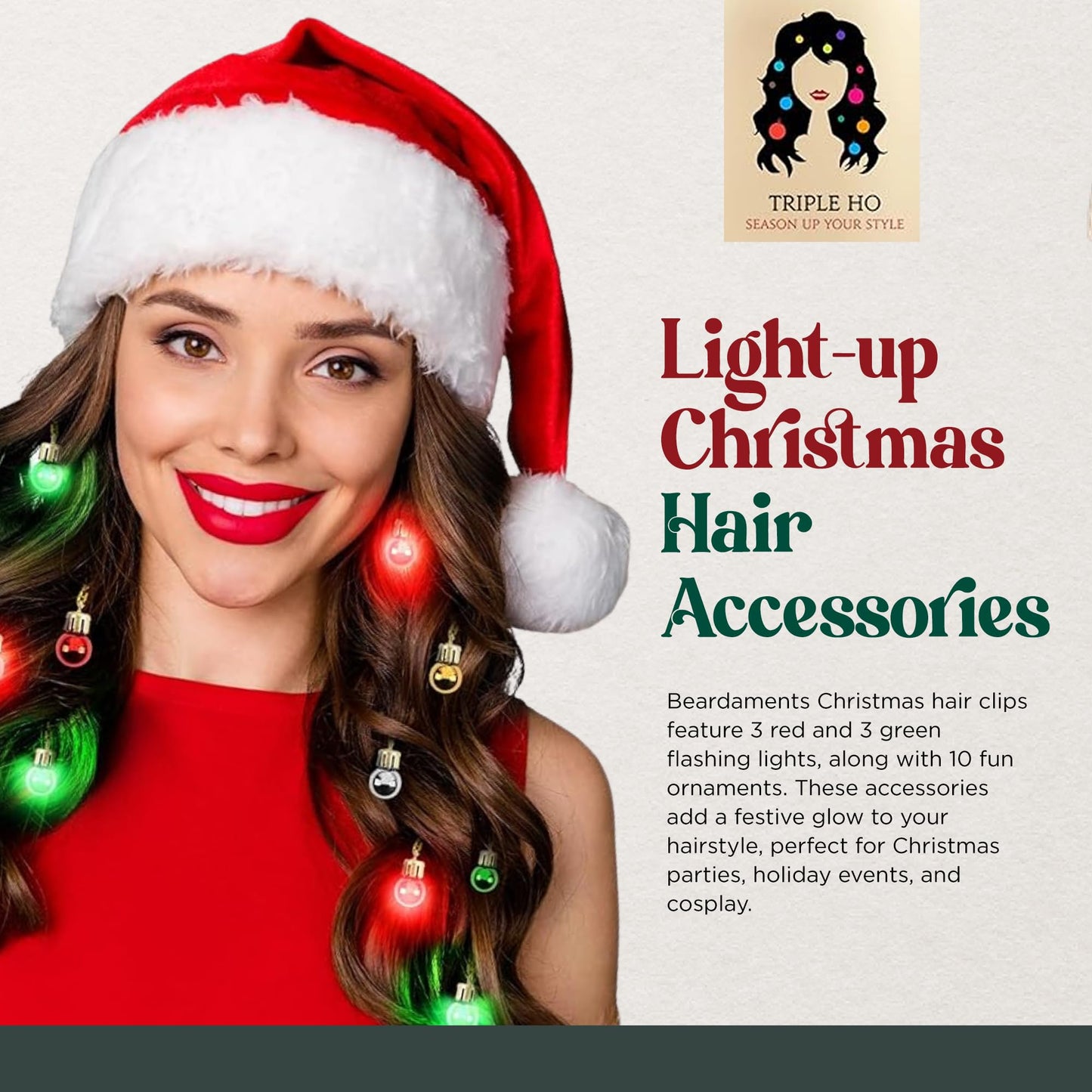Beardaments Light Up Hair Lights - The Original Ornaments from, 16pc Colorful Christmas Hair Baubles for Holiday Cosplay Women Party Costume