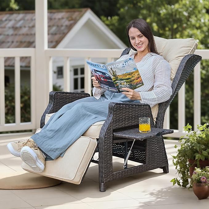 Outdoor Indoor Wicker Recliner with Adjustable Back and Footrest, Patio Reclining Chair with Flip-up Table, Outdoor Rattan Lounge Chair, Upgrade Beige