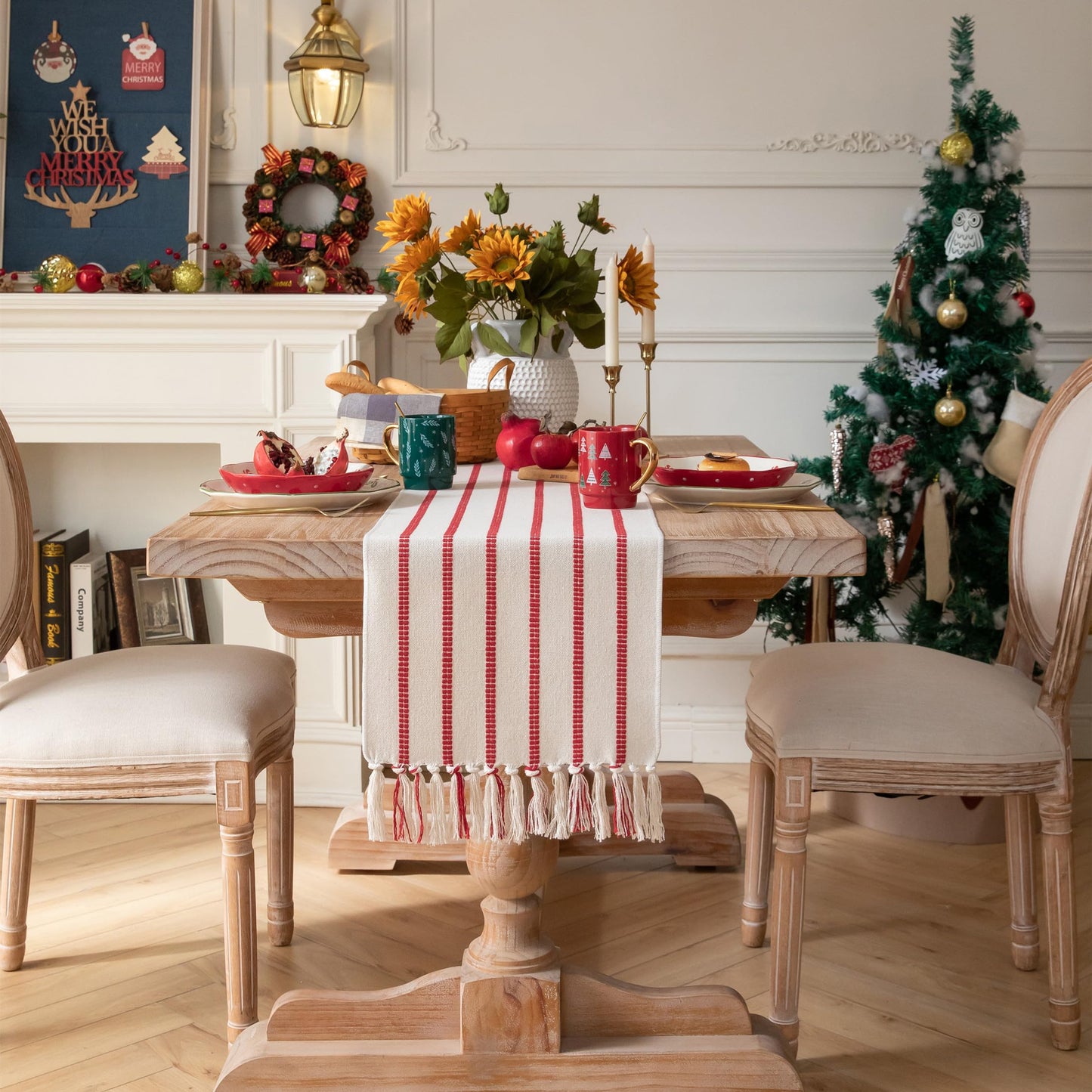 Caflife Christmas Table Runner 72 Inchs Long, Cotton and Linen Woven with Tassels, for Modern Rustic Farmhouse Boho Red Table Runners, Holiday Kitchen Dining Table Home Christmas Decor