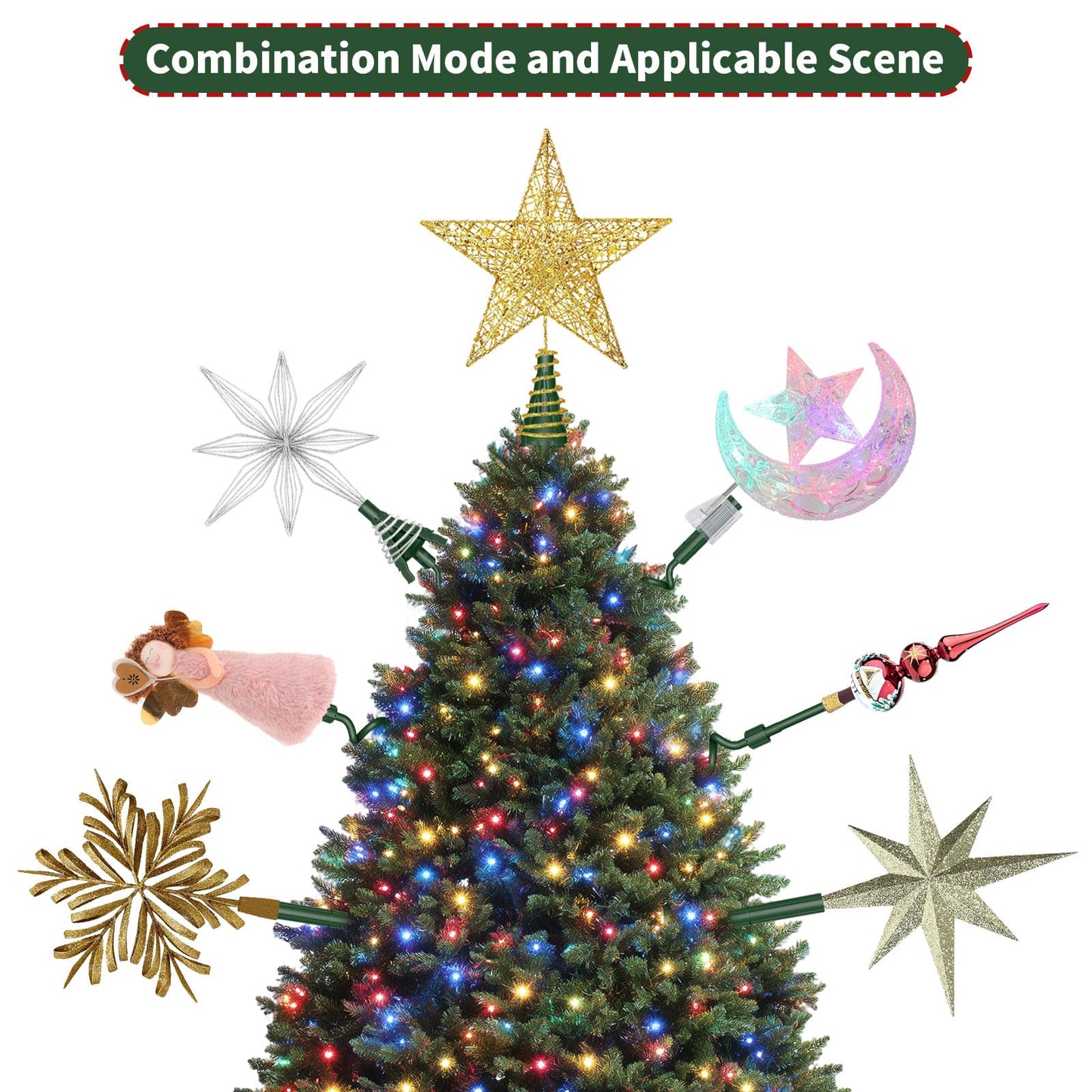 Christmas Tree Topper Holder - Twist On Universal Stabilizer with Adjustable Attachments. Secure Lock for Treetop Ornaments, Fits Most Basic Tree Types & Topper (Green)