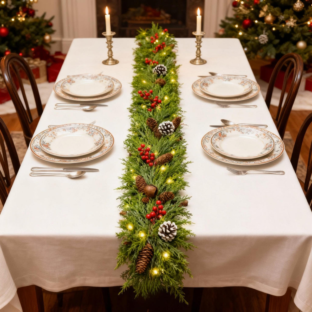 9FT Christmas Cedar Garland with Lights,Artificial Realistic Battery Operated Green Garland Christmas Decorations for Home Mantel Stairs Railing Dining Table Winter Decor