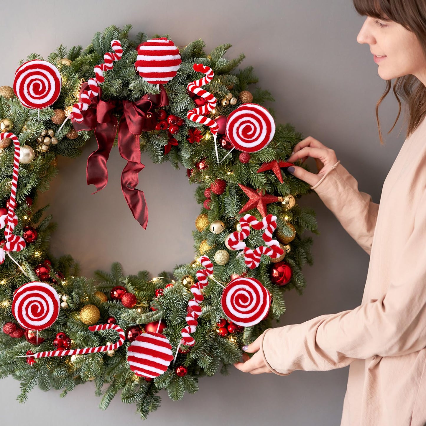Yerliker 24 Pcs Candy Cane Christmas Tree Decorations, Fluff Christmas Ornaments Peppermint Lollipop Balls Curly Picks for Home Wreath Table Vase Mantel Decor(Red, White,Large)