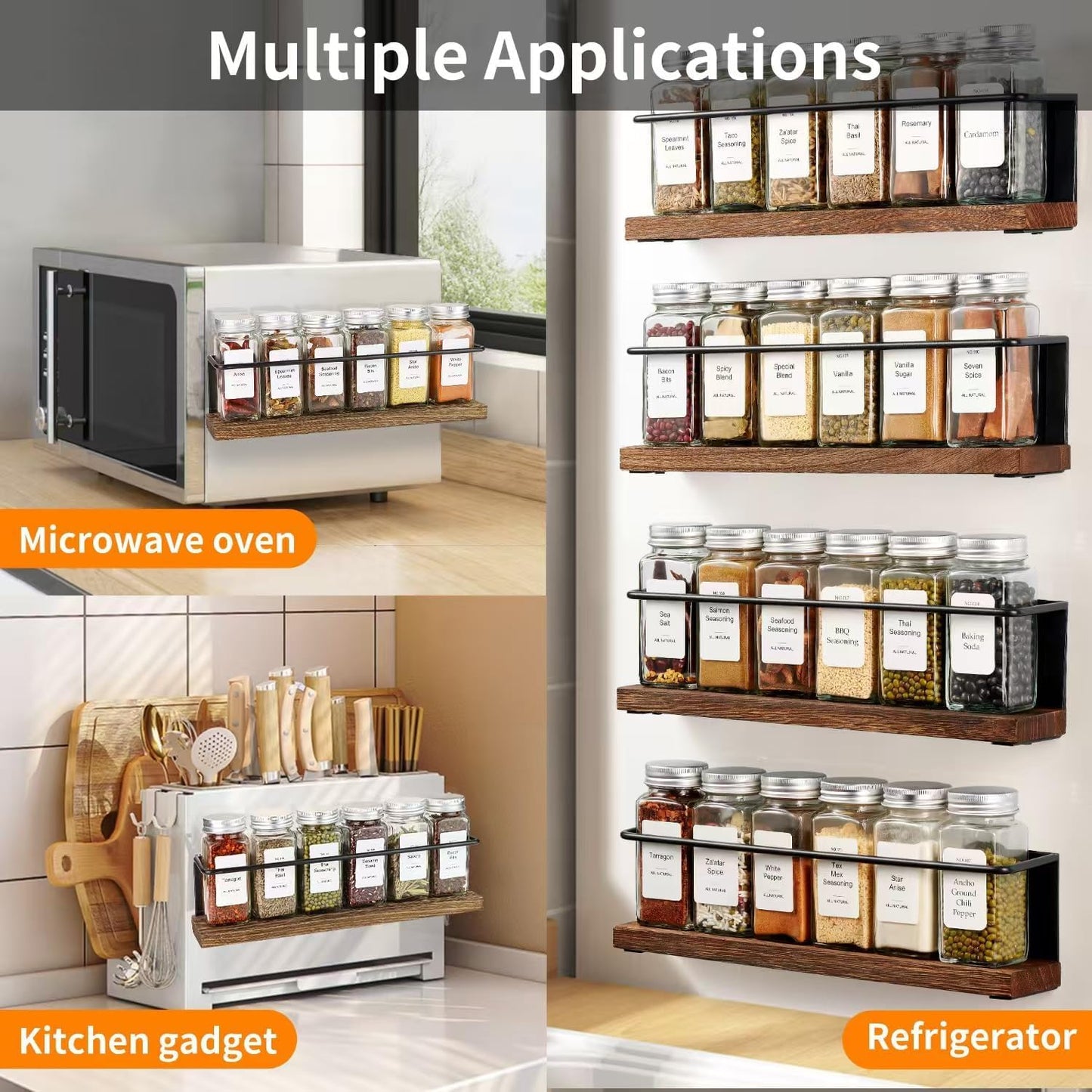 KitHero Magnetic Spice Rack with 24 Jars, 216 Labels, 1 Steel Funnel for Refrigerator,Microwave Oven - Full Set of Spice Organizer