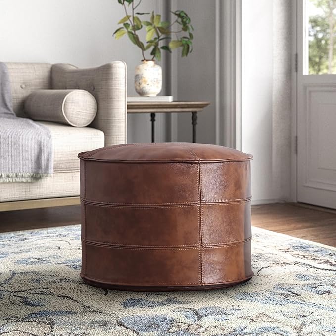 Leather Ottoman, Handmade Stuffed Square Ottoman, Genuine Leather Pouf
