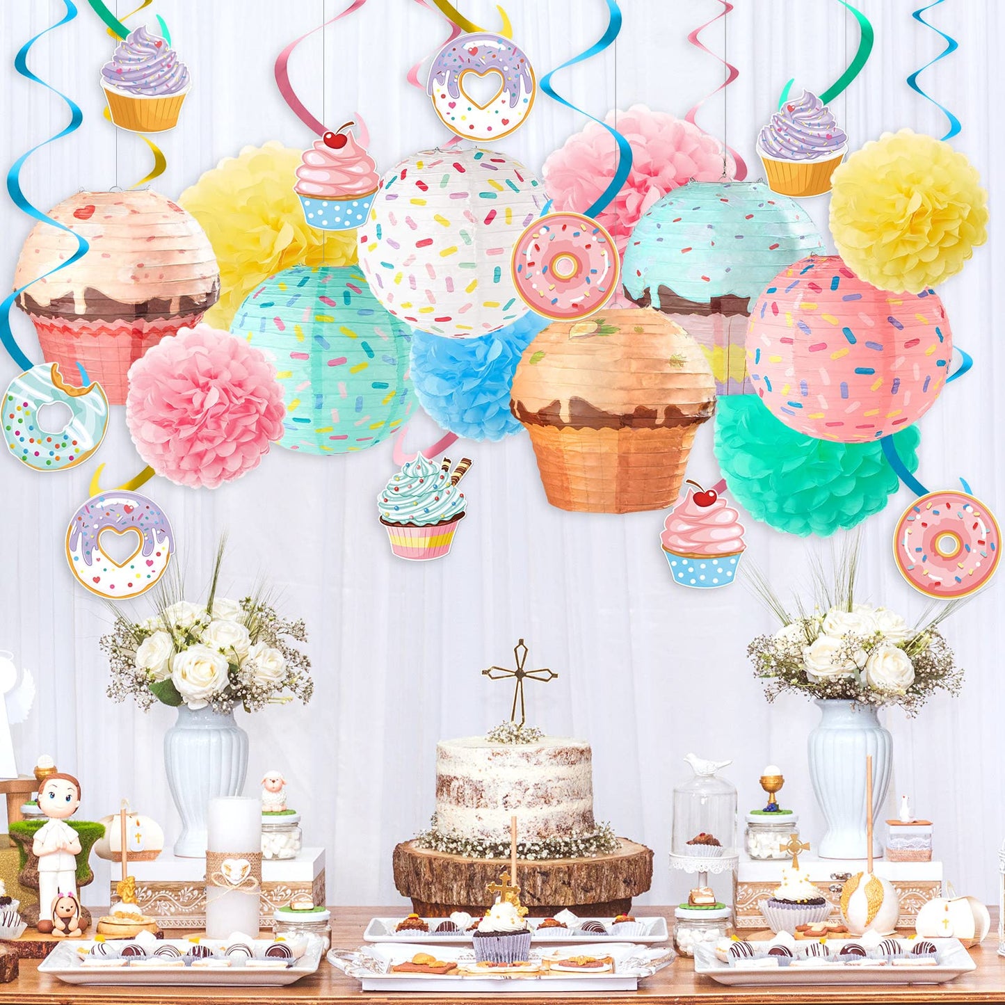 Hortsun 36 Pcs Donut Cupcake Party Hanging Paper Lanterns Two Sweet Birthday Supplies Hanging Swirls Paper Flowers Pom Poms Party Decor for Birthday Baby Shower Candy Supplies