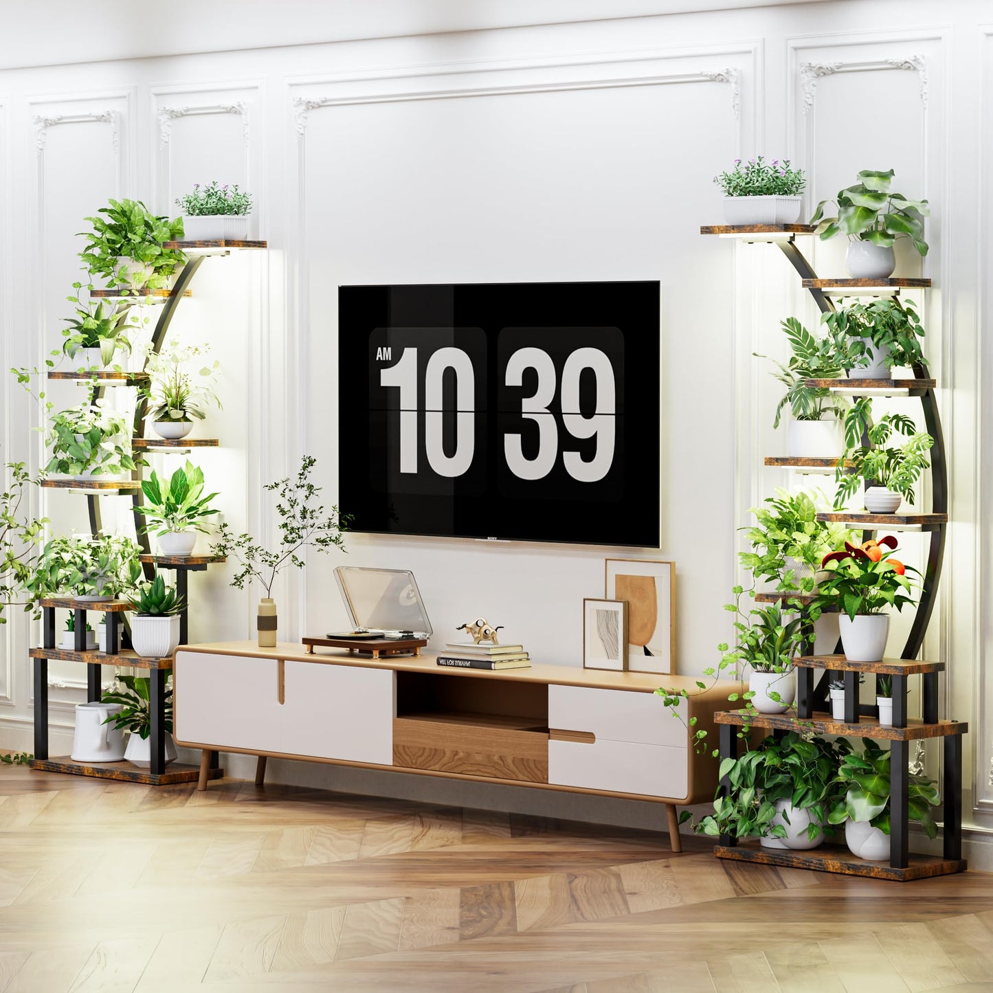 AnoYishev Plant Stand Indoor with Grow Lights, 2 Pack 63" Tall 9 Tiered Metal Plant Shelf, Large Plant Rack Display Shelves, Curved Plant Holder for Living Room, Patio