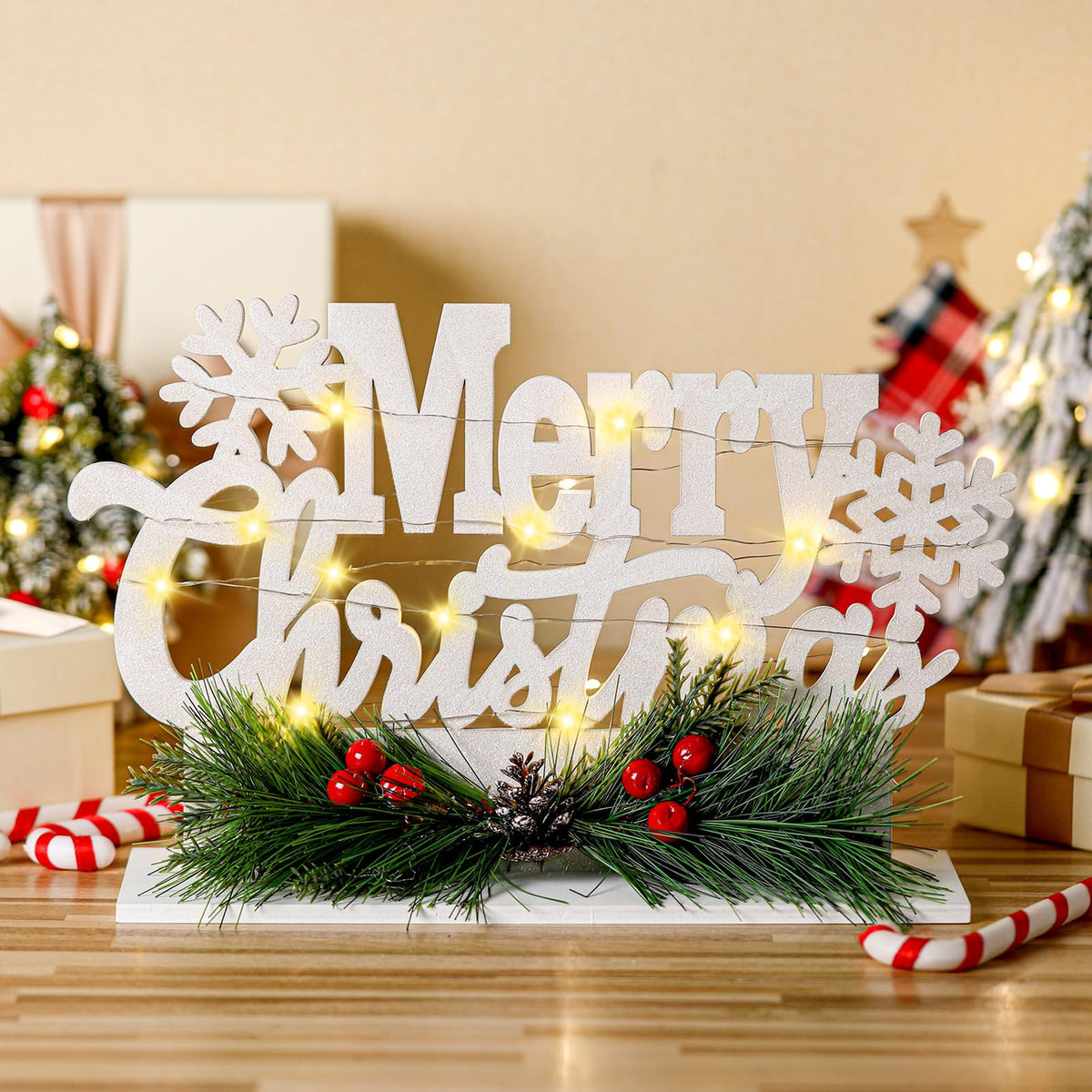 Leinuosen Merry Christmas Sign Wooden Christmas Table Sign with Holly and LED Light White Xmas Wooden Table Centerpiece for Mantel Fireplace Shelf Xmas Party Home Tabletop Decoration